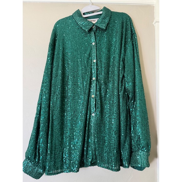 BiBi Tops - BIBI Emerald Green Sequin Button Down Shirt Long Sleeve Top XL Holiday Top